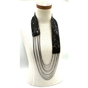 Black Sequin Collar Necklace With Multi-Layered Chains Statement Piece